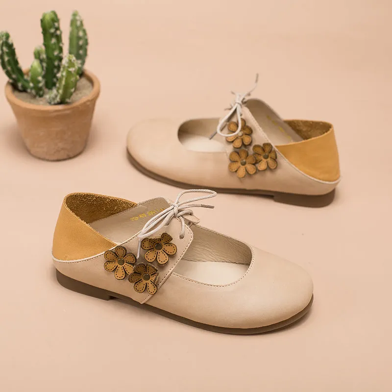 Soft Leather Mary Jane Flats Handmade Flowers Details Pink/Apricot