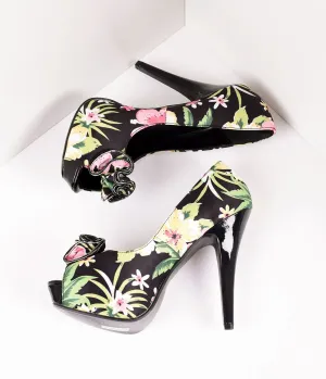 Vintage Style Black Tropical Print Peep Toe Platform Pumps